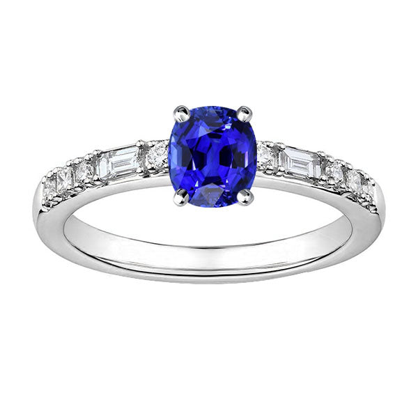 LAdies Stylish Baguette & Round Diamond Ring Cushion Ceylon Sapphire  