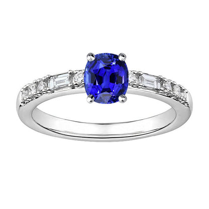 LAdies Stylish Baguette & Round Diamond Ring Cushion Ceylon Sapphire  