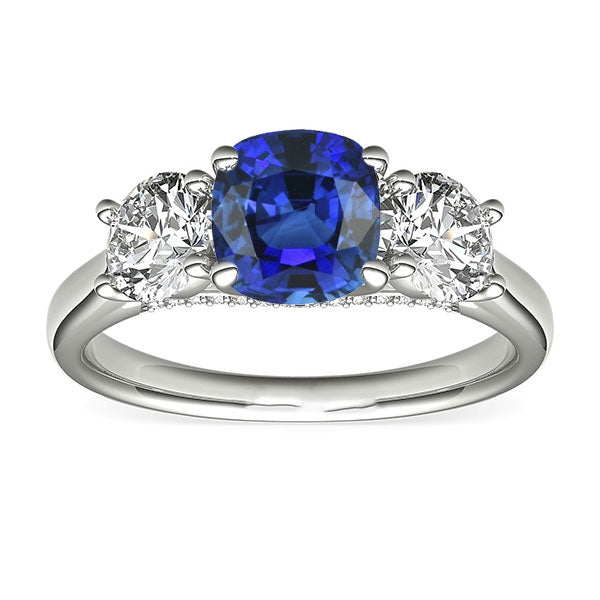 Woman's  Weeding Anniversary    Women 3 Stone Ring Cushion Blue Sapphire & Round Diamonds  