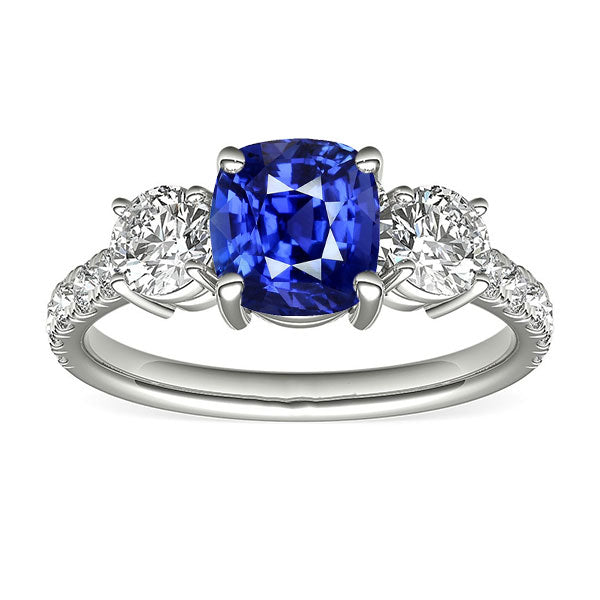 Blue Sapphire & Round Diamond Ring  Woman's  Weeding Anniversary     3 Stone Style Jewelry