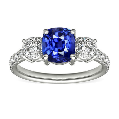 Blue Sapphire & Round Diamond Ring  Woman's  Weeding Anniversary     3 Stone Style Jewelry