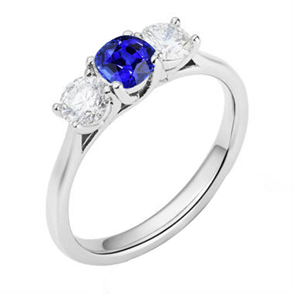 Ladies 3 Stone Ring Cushion Ceylon Sapphire  Woman's  Weeding Anniversary    Round Diamonds