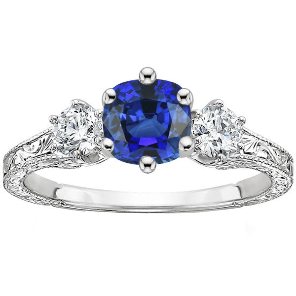 Three Stone Cushion Sapphire Ring Antique Style Diamonds  Woman's  Weeding Anniversary    