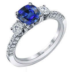 Natural Earth Mined Diamond 3 Stone Style Cushion Sri Lankan Sapphire Ring 3.50 Carats