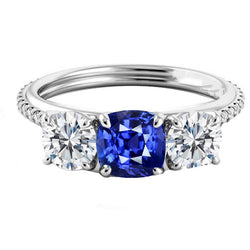 Natural Earth Mined Diamond Cushion Blue Sapphire Ring 3 Stone Style & Accents 3.50 Carats