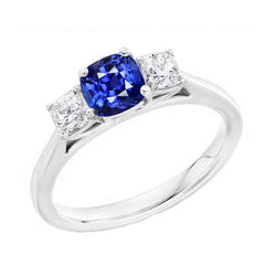 Blue Sapphire Three Stone Ring & Cushion Natural Earth Mined Diamonds 2 Carats Gold 14K
