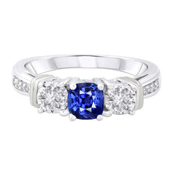 Gold Gemstone Cushion Sapphire Ring 2.50 Carats 3 Stone Style Natural Earth Mined Diamond