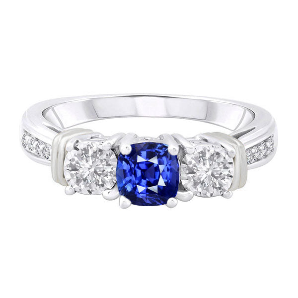 Gold Gemstone Cushion Sapphire Ring 2.50 Carats 3 Stone Style Diamond