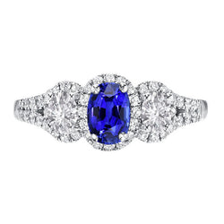 Halo Oval Sapphire Ring 3 Stone Style Split Shank 3.50 Carats