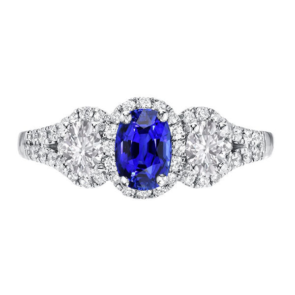 Halo Oval Sapphire Ring 3 Stone Style Split Shank 3.50 Carats