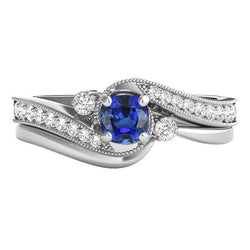 Diamond Blue Sapphire Wedding Ring Set 3 Stone Twisted Style 2 Carats