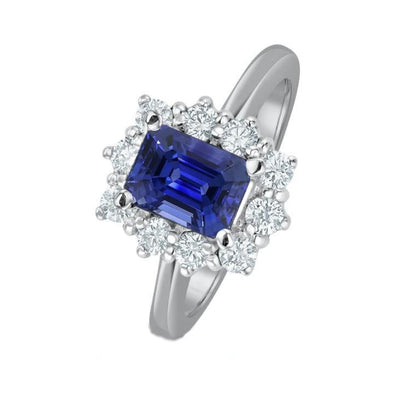 Ladies Sparkling Halo Diamond Emerald Ceylon Sapphire Engagement Ring