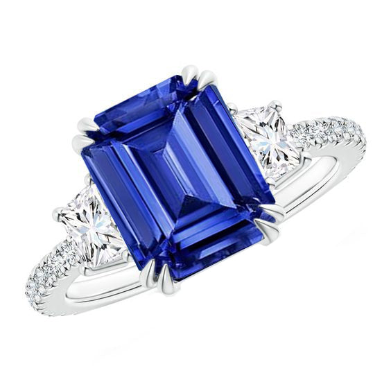 Ladies Sparkling 3 Stone Style Sri Lankan Sapphire Ring With Trapezoids