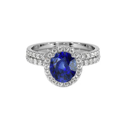 Oval Blue Sapphire Halo Engagement Ring Set 10.25 Carats White Gold