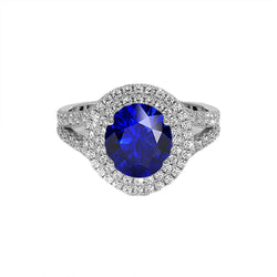 Double Halo Ceylon Sapphire Engagement Ring 6.75 Carats Ladies Jewelry
