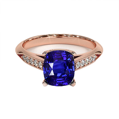 Ladies Sparkling Vintage Style Ceylon Cushion Sapphire Ring   Accents Rose Gold