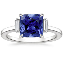 Three Stone Natural Earth Mined Diamond Blue Sapphire Ring 3.25 Carats White Gold