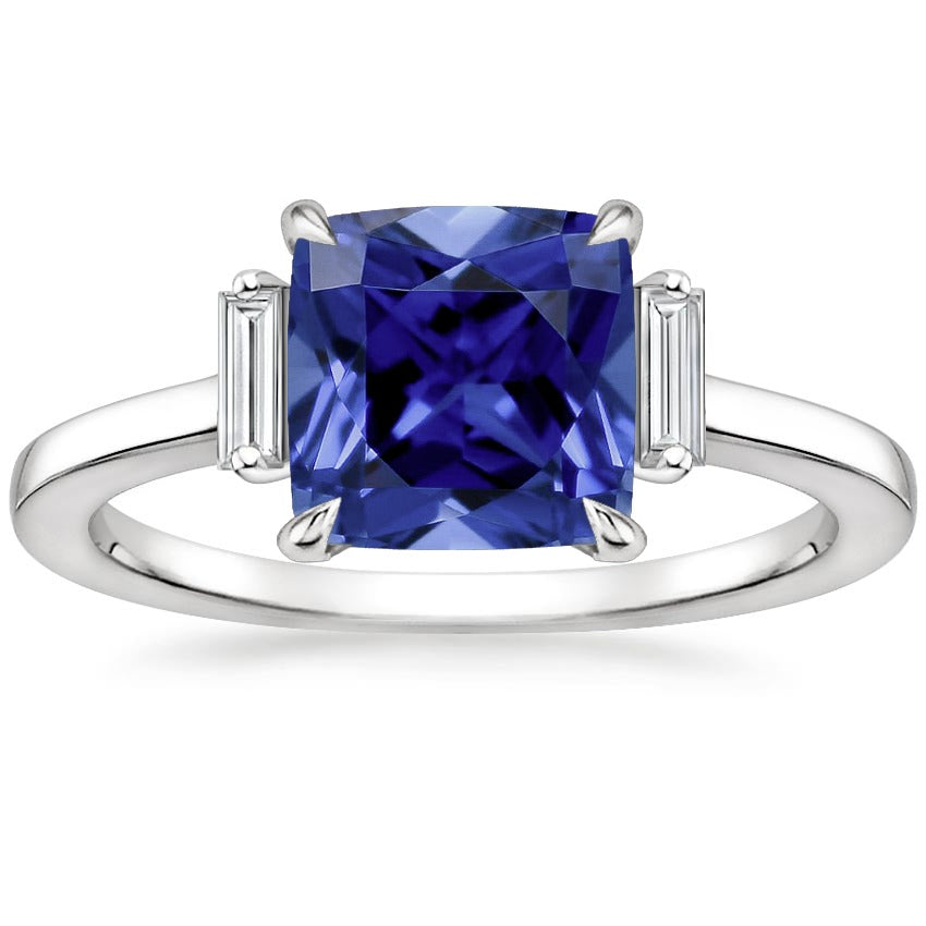 White Gold Females Stylish Three Stone Diamond Blue Sapphire Ring