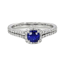Halo Cushion Ceylon Sapphire & Natural Earth Mined Diamond Engagement Ring Set 3.20 Carats
