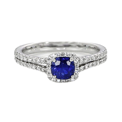 Ladies Sparkling Halo Cushion Ceylon Sapphire & Diamond Engagement Ring