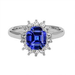 Round Halo Natural Earth Mined Diamond Asscher Cut Blue Sapphire 6.50 Carats Ring Gold 14K