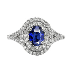 Double Halo Natural Earth Mined Diamond Ring With Oval Blue Sapphire Gold 14K 11.25 Carats