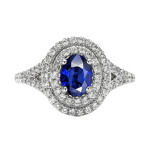 Elegant Woman's Double Halo Diamond Ring With Oval Blue Sapphire