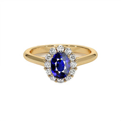 Halo Natural Earth Mined Diamond Ring Yellow Gold Oval Ceylon Sapphire 5.25 Carats