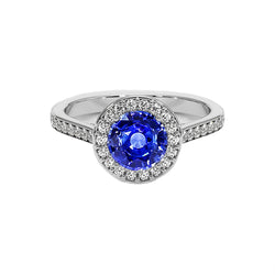 Round Natural Earth Mined Diamond Halo Ring Ceylon Sapphire 4 Carats White Gold Accents