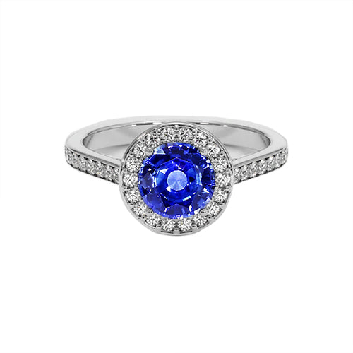 Elegant Woman's Round Diamond Halo Ring Ceylon Sapphire  White Gold Accents 