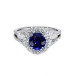 Round Natural Earth Mined Diamond Ring Halo Blue Sapphire 3.50 Carats New Gemstone Gold