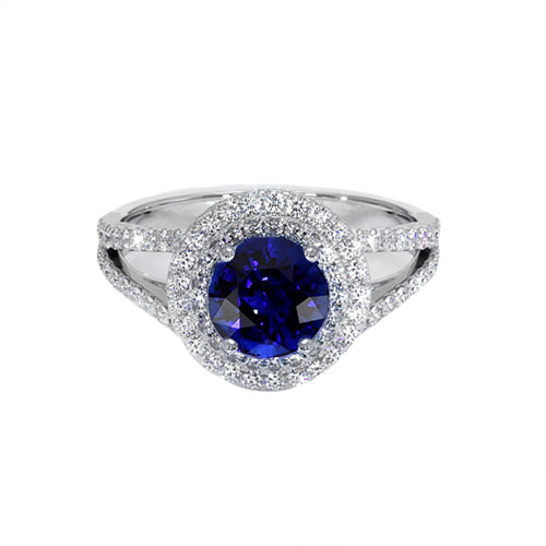 Elegant Woman's Round Diamond Ring Halo Blue Sapphire  New Gemstone Gold