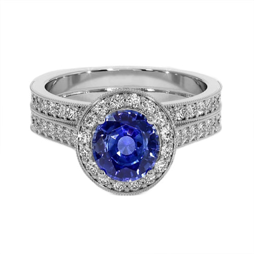 Elegant Woman's Antique Style Diamond   Set   Round Blue Sapphire White Gold