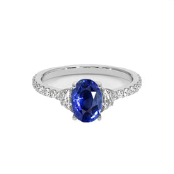 3 Stone Style Ring Oval Blue Sapphire 6.75 Carats Genuine White Gold