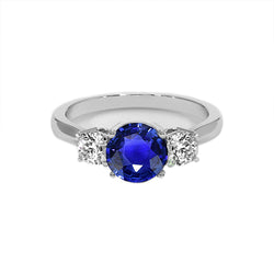 White Gold Blue Sapphire & Round Natural Earth Mined Diamond 3 Stone Ring 5 Carats 14K