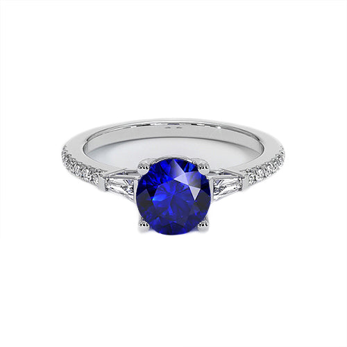 Elegant Woman's 3 Stone Style Genuine Round Diamond & Blue Sapphire Ring  