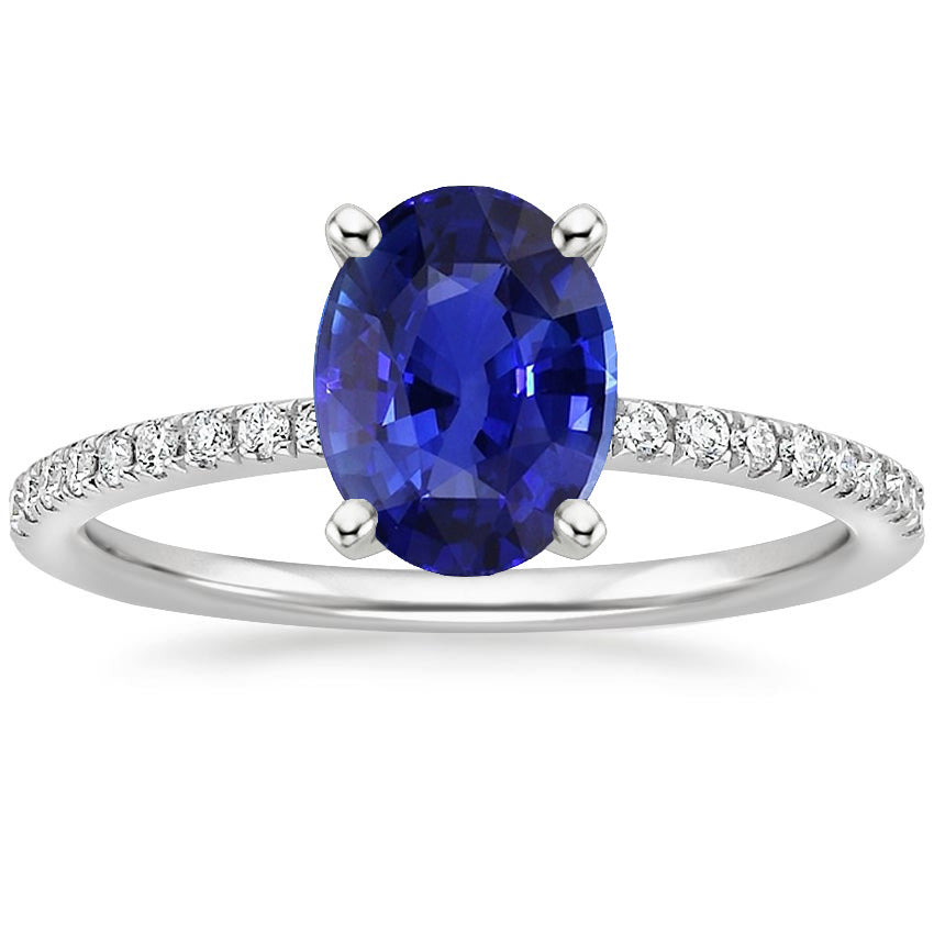 Antique Lady’s Women Blue Sapphire Ring Oval Cut With Pave Set Diamonds