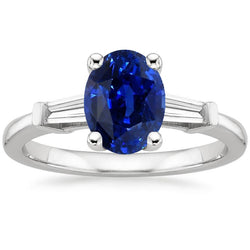 Three Stones Ring Oval Ceylon Sapphire & Baguette Natural Earth Mined Diamonds 3 Carats