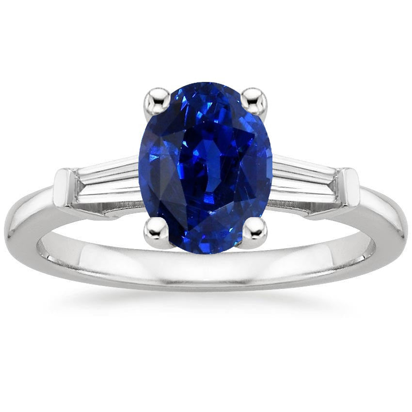Unique Lady’s Three Stones Ring Oval Ceylon Sapphire & Baguette Diamonds