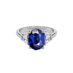 3 Stone Natural Earth Mined Diamond Ring With Oval Deep Blue Sapphire 8.25 Carats Gold 14K