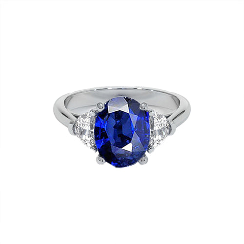 Unique Lady’s 3 Stone Diamond Ring With Oval Deep Blue Sapphire