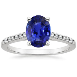 Round Natural Earth Mined Diamond Pave Set Ring Oval Cut Sri Lankan Sapphire 5 Carats