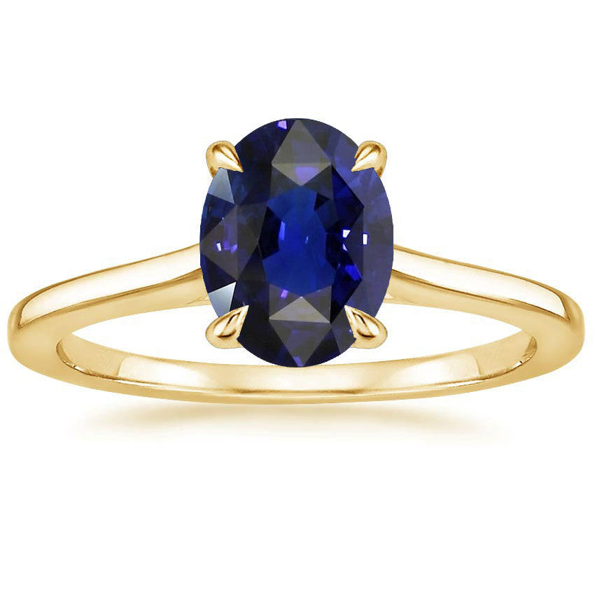 Lady’s  Round Anniversary  Solitaire Ring Yellow Gold Oval Sri Lankan Sapphire