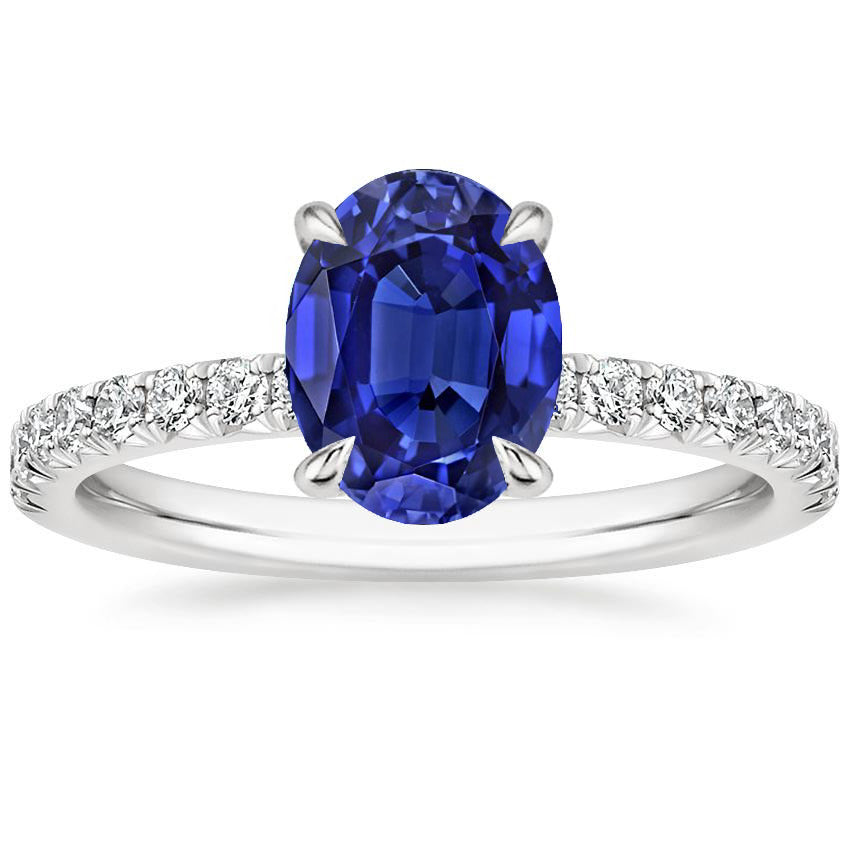 Lady’s  Round Anniversary  Solitaire Sri Lankan Sapphire Ring With Diamond Accents