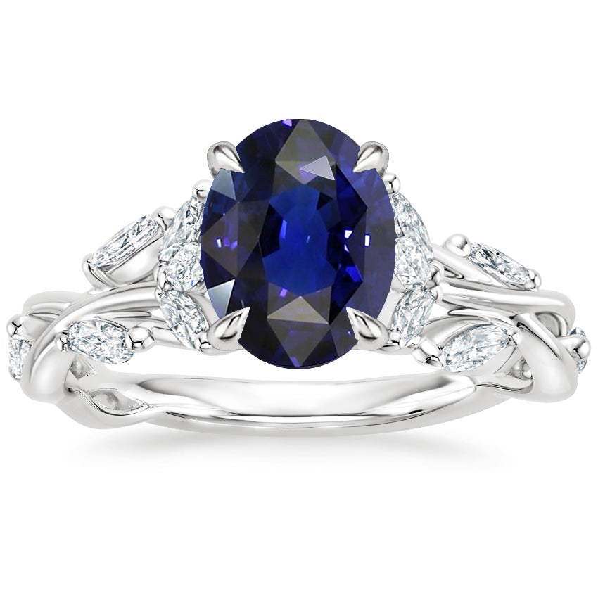 Diamond  Half bazel fancy Engagement  Gemstone Ring Leaf Style Oval Cut Blue Sapphire