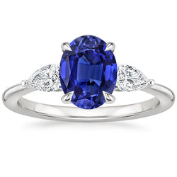 Natural Earth Mined Diamond Three Stone Ring Oval Cut Ceylon Sapphire 3.50 Carats