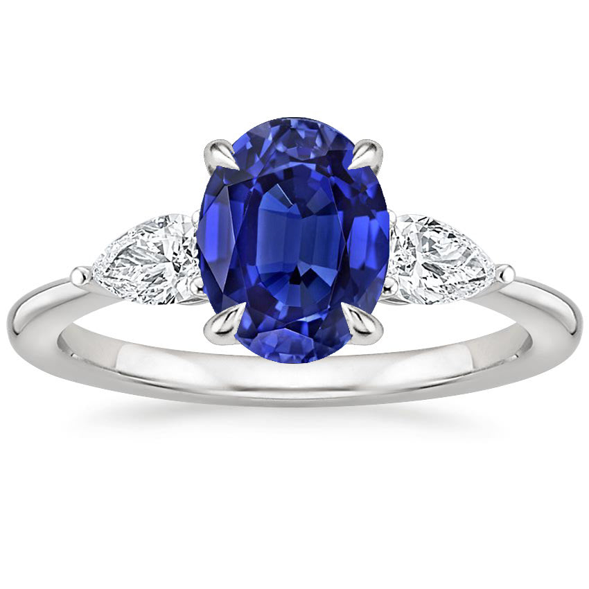 Half bazel fancy Engagement  Diamond Three Stone Ring Oval Cut Ceylon Sapphire
