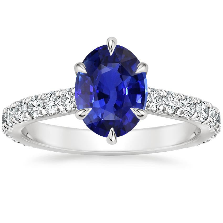 Solitaire Half bazel fancy Engagement   With Accents Ring Blue Sapphire & Pave Set Diamond