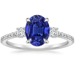 Solitaire Blue Sapphire & Round Diamond Accents Ring 3.50 Carats