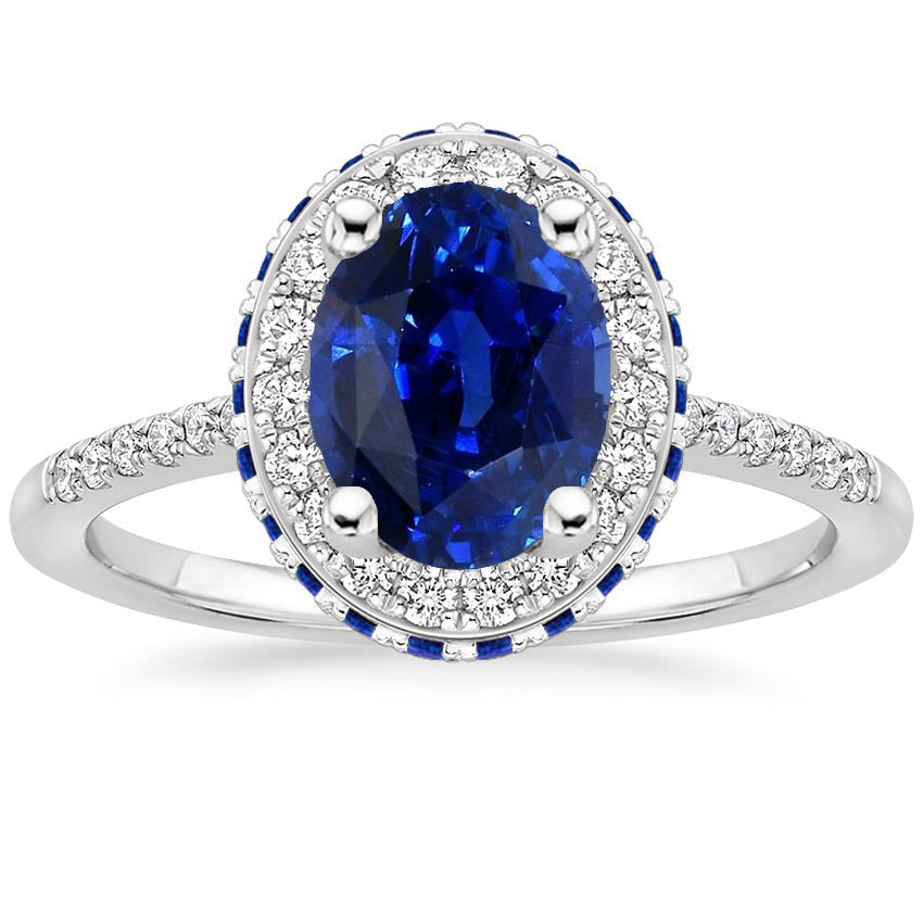 Best Stylish Halo Gemstone Oval Ring Blue Sapphire & Diamond Accents